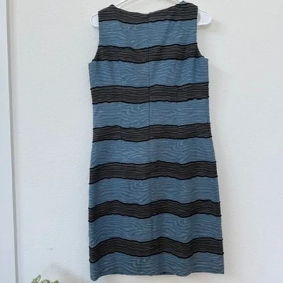 PIAZZA SEMPIONE Sleeveless Shift Dress Blue Black Textured Stripe Beaded Italy 8