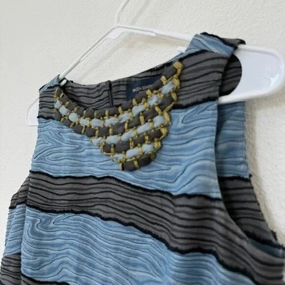 PIAZZA SEMPIONE Sleeveless Shift Dress Blue Black Textured Stripe Beaded Italy 8