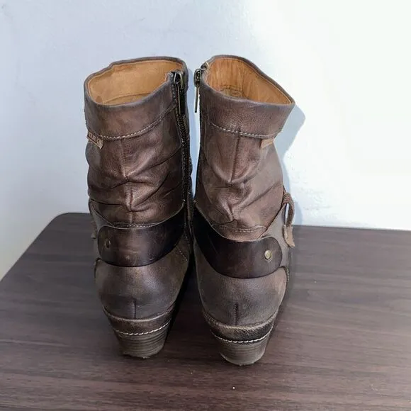 Pikolinos Brown Leather Heeled Harness Boots Sz 41