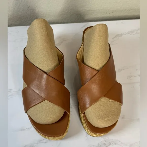 Platform Wedge Nappa Leather Upper Crisscross Raffia Heel Cognac Size 8.5