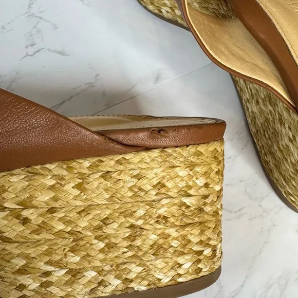 Platform Wedge Nappa Leather Upper Crisscross Raffia Heel Cognac Size 8.5