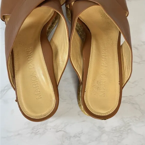 Platform Wedge Nappa Leather Upper Crisscross Raffia Heel Cognac Size 8.5