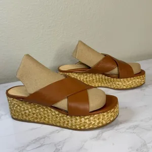 Platform Wedge Nappa Leather Upper Crisscross Raffia Heel Cognac Size 8.5