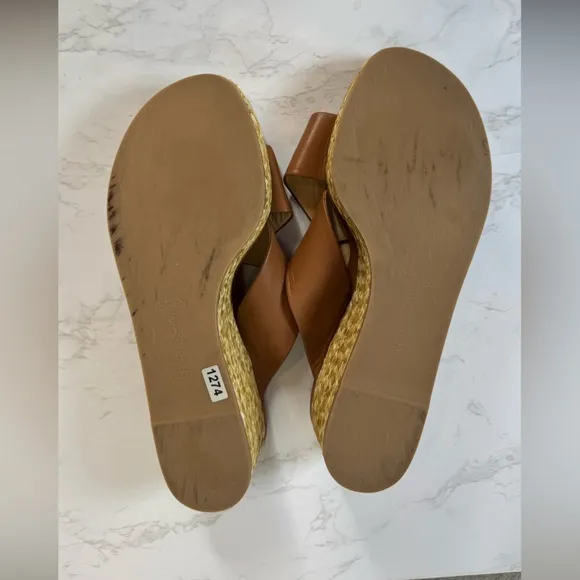 Platform Wedge Nappa Leather Upper Crisscross Raffia Heel Cognac Size 8.5