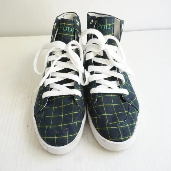 Polo Ralph Lauren High Top Sneakers Plaid Canvas Casual Shoes