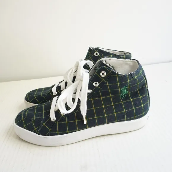 Polo Ralph Lauren High Top Sneakers Plaid Canvas Casual Shoes