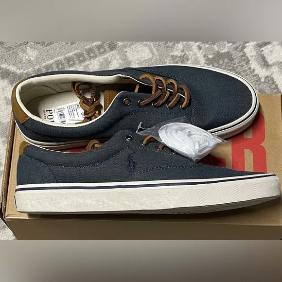 Polo Ralph Lauren Men 11 1/2Tennis Boat Shoe Blue Denim Canvas Lace-Up Brand New