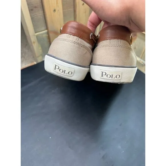 Polo Ralph Lauren Mens Boat Shoes Tan Brown Canvas Leather Size 13D