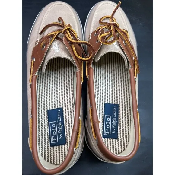 Polo Ralph Lauren Mens Boat Shoes Tan Brown Canvas Leather Size 13D