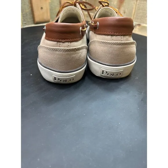 Polo Ralph Lauren Mens Boat Shoes Tan Brown Canvas Leather Size 13D