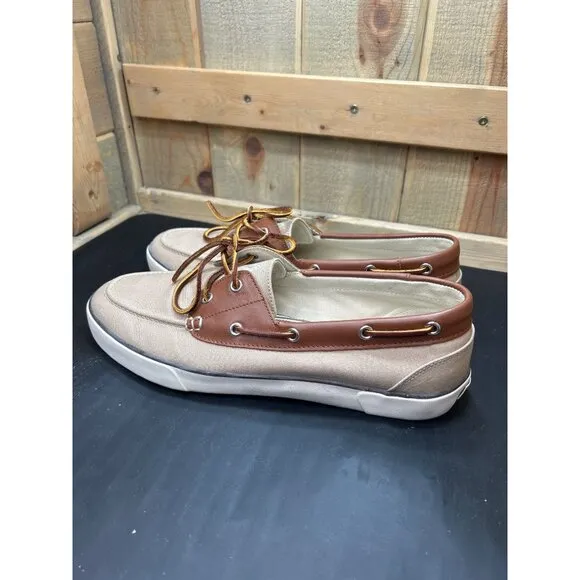 Polo Ralph Lauren Mens Boat Shoes Tan Brown Canvas Leather Size 13D
