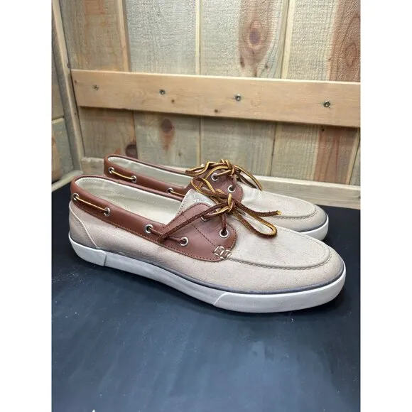 Polo Ralph Lauren Mens Boat Shoes Tan Brown Canvas Leather Size 13D