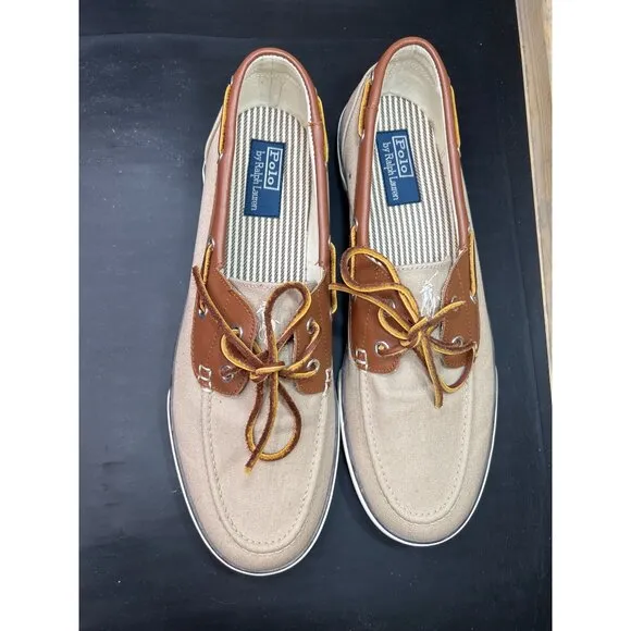Polo Ralph Lauren Mens Boat Shoes Tan Brown Canvas Leather Size 13D
