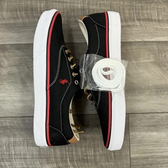Polo Ralph Lauren Men's Keaton Pony Canvas Black Red Sneaker Shoes Size 10.5 NEW