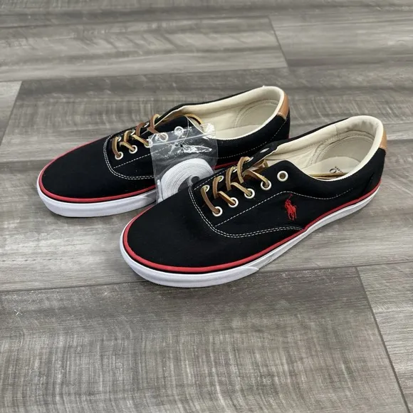 Polo Ralph Lauren Men's Keaton Pony Canvas Black Red Sneaker Shoes Size 10.5 NEW