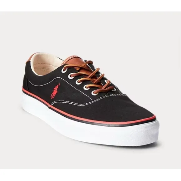 Polo Ralph Lauren Men's Keaton Pony Canvas Black Red Sneaker Shoes Size 10.5 NEW