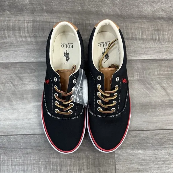 Polo Ralph Lauren Men's Keaton Pony Canvas Black Red Sneaker Shoes Size 10.5 NEW