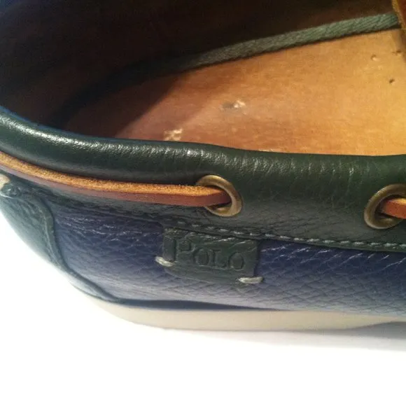 POLO RALPH LAUREN MEN'S PRE-OWNED GREEN/BLUE LEATHER BOAT SHOES SIZE:11D