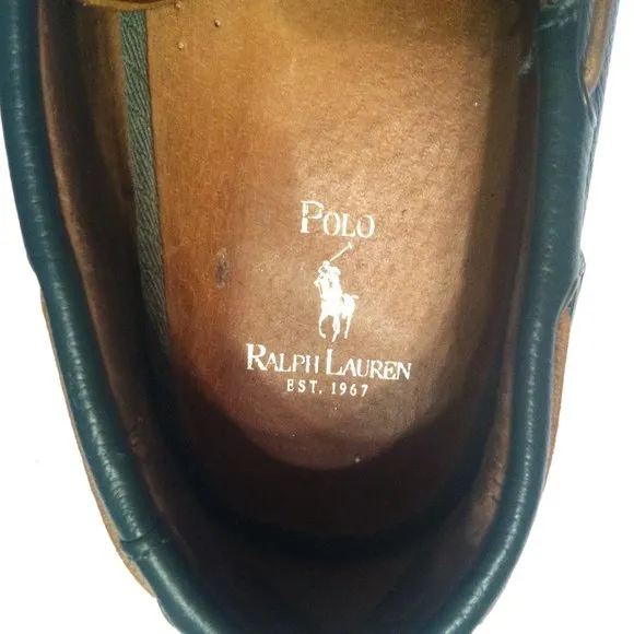 POLO RALPH LAUREN MEN'S PRE-OWNED GREEN/BLUE LEATHER BOAT SHOES SIZE:11D