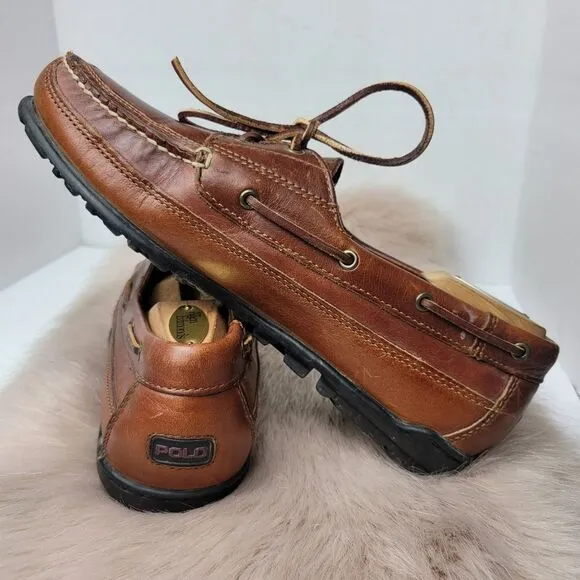 Polo sport Ralph Lauren Brown Leather Boat Shoes Slip On Loafers Men's Size 10D
