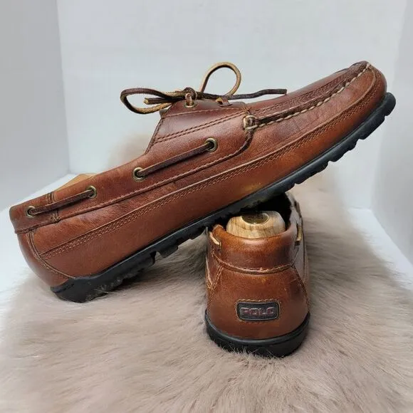 Polo sport Ralph Lauren Brown Leather Boat Shoes Slip On Loafers Men's Size 10D