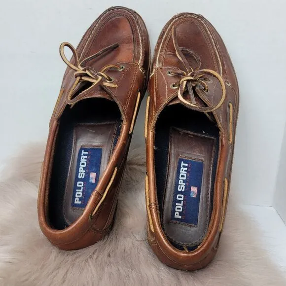 Polo sport Ralph Lauren Brown Leather Boat Shoes Slip On Loafers Men's Size 10D
