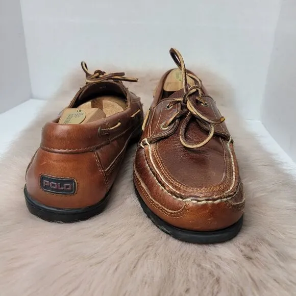 Polo sport Ralph Lauren Brown Leather Boat Shoes Slip On Loafers Men's Size 10D