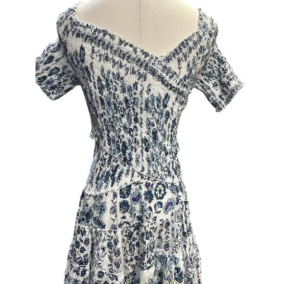 Poupette St Barth Soledad Off Shoulder Mini Dress White Blue Foulard Print