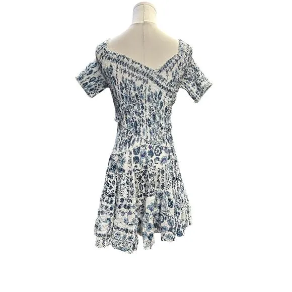 Poupette St Barth Soledad Off Shoulder Mini Dress White Blue Foulard Print