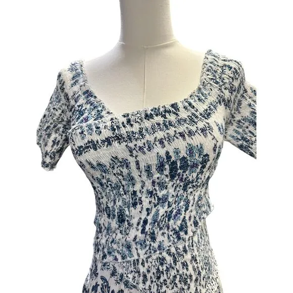 Poupette St Barth Soledad Off Shoulder Mini Dress White Blue Foulard Print