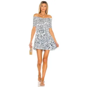 Poupette St Barth Soledad Off Shoulder Mini Dress White Blue Foulard Print