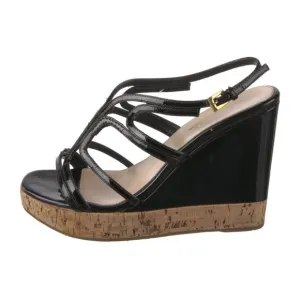 Prada Black Patent Leather Espadrille Wedge Sandals – Size 6