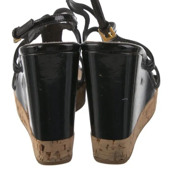 Prada Black Patent Leather Espadrille Wedge Sandals – Size 6