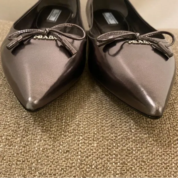 Prada Flats In Grey Silverish Patent Leather