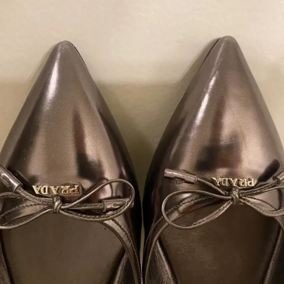 Prada Flats In Grey Silverish Patent Leather