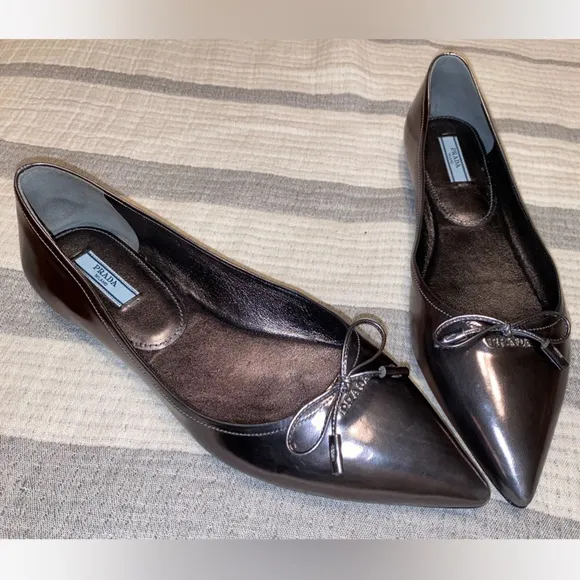 Prada Flats In Grey Silverish Patent Leather