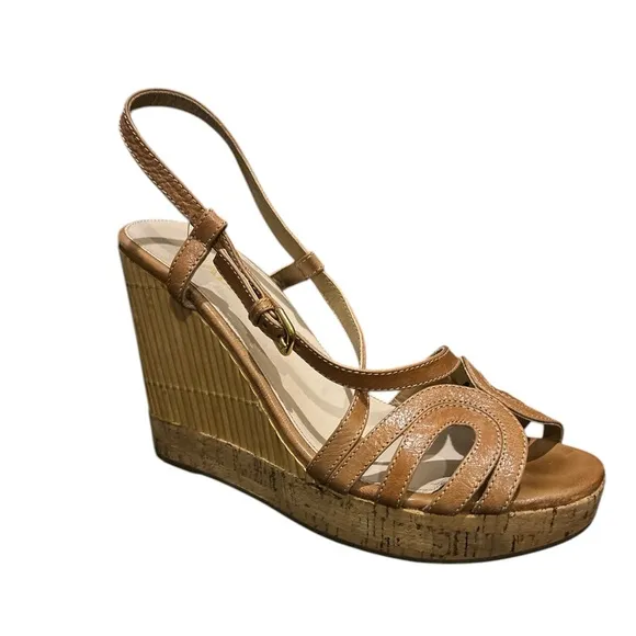 PRADA Leather Strappy Wedge Cork and Bamboo Heel