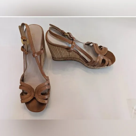 PRADA Leather Strappy Wedge Cork and Bamboo Heel