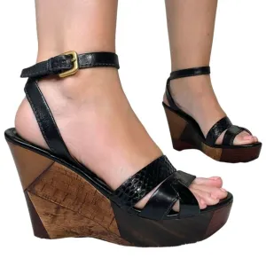 Prada Patchwork Wedges Retro Leather Wood Cork Y2K Boho Platform Heel Black 39.5