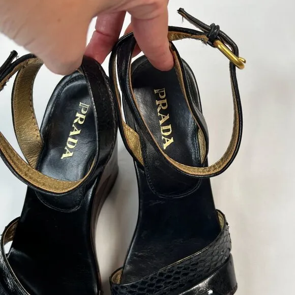 Prada Patchwork Wedges Retro Leather Wood Cork Y2K Boho Platform Heel Black 39.5