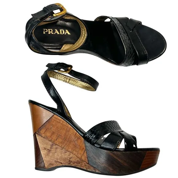 Prada Patchwork Wedges Retro Leather Wood Cork Y2K Boho Platform Heel Black 39.5