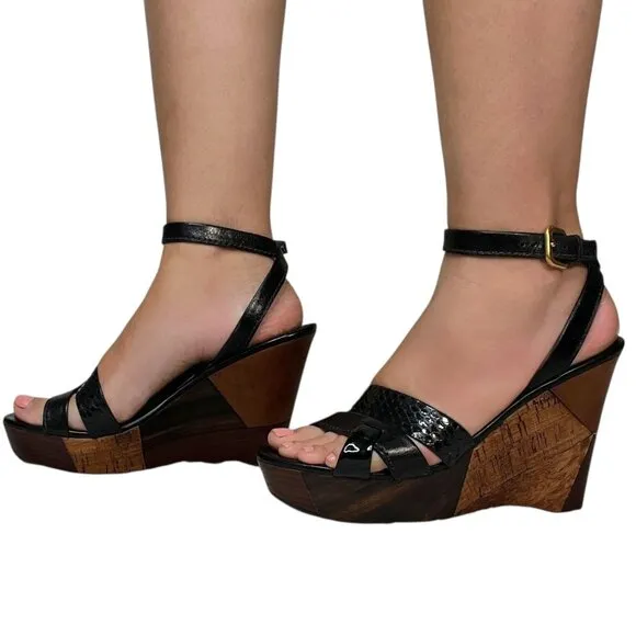 Prada Patchwork Wedges Retro Leather Wood Cork Y2K Boho Platform Heel Black 39.5