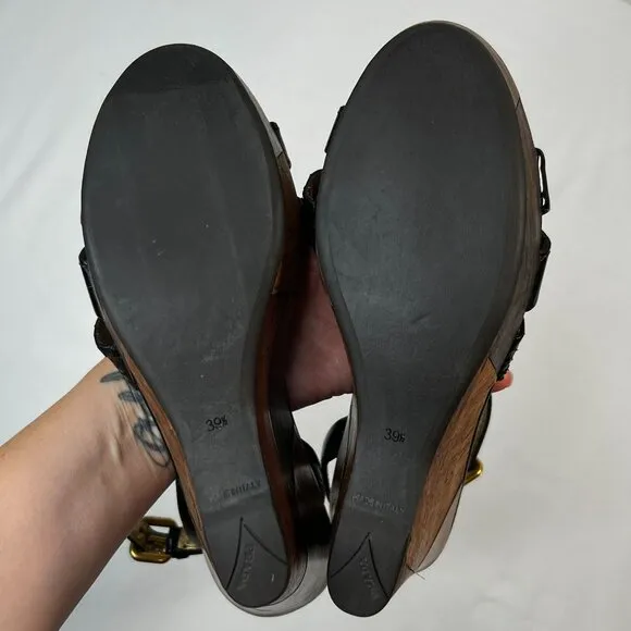 Prada Patchwork Wedges Retro Leather Wood Cork Y2K Boho Platform Heel Black 39.5