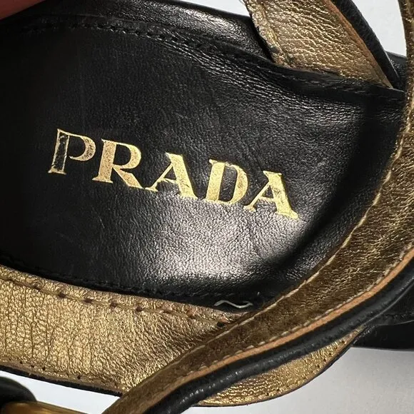 Prada Patchwork Wedges Retro Leather Wood Cork Y2K Boho Platform Heel Black 39.5