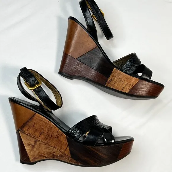 Prada Patchwork Wedges Retro Leather Wood Cork Y2K Boho Platform Heel Black 39.5