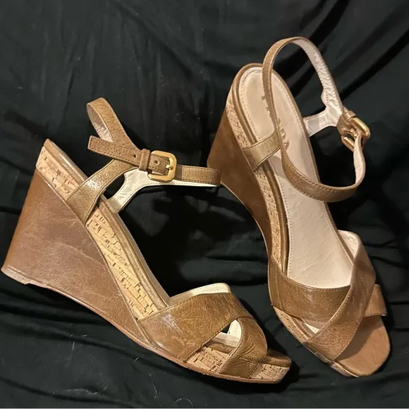 Prada Tan Wedge Sandals with Ankle Strap