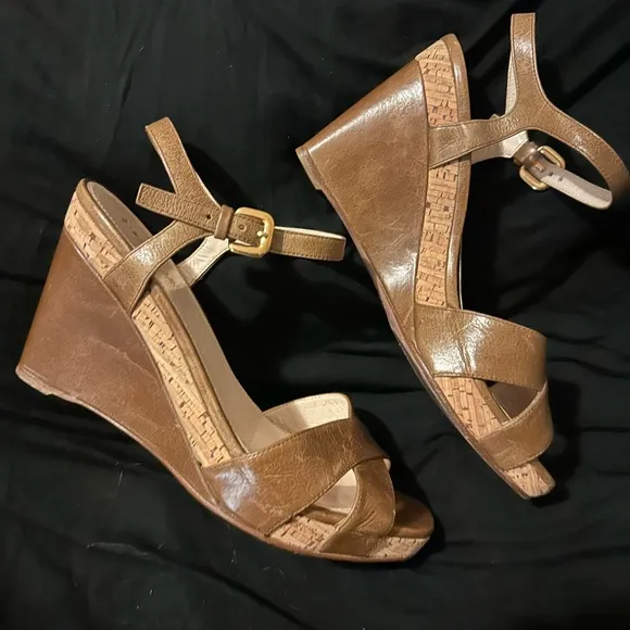 Prada Tan Wedge Sandals with Ankle Strap