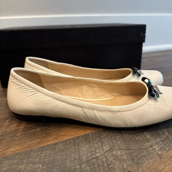 Prada white Patent Leather Flats with Bow Detail
