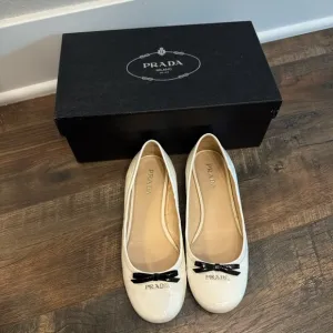 Prada white Patent Leather Flats with Bow Detail