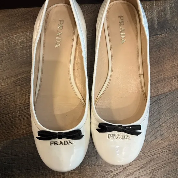 Prada white Patent Leather Flats with Bow Detail